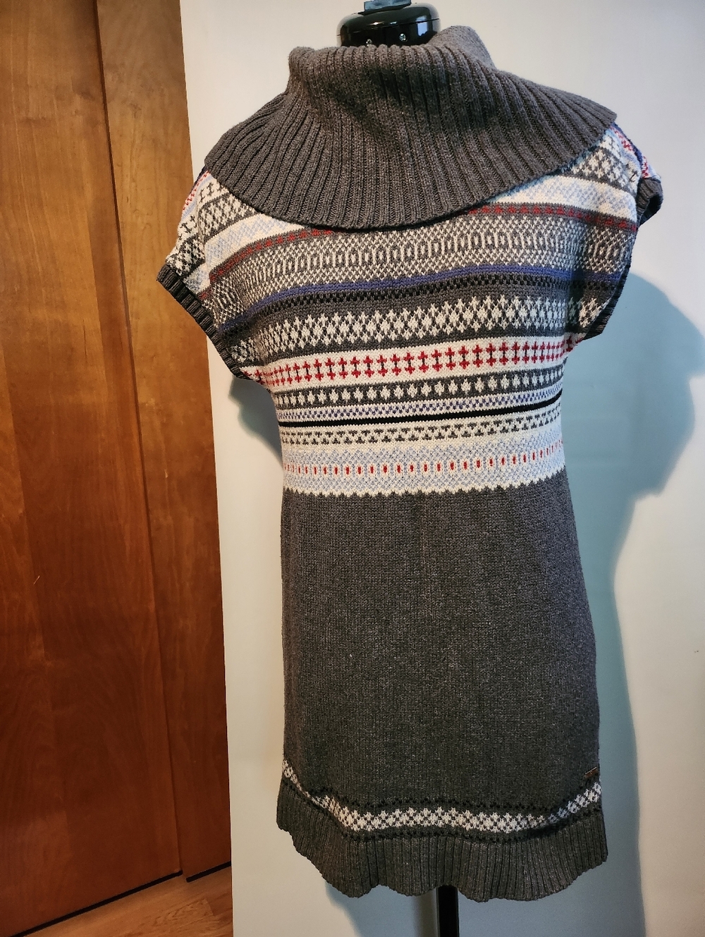 Women’s Grey Fair Isle Cowl Neck Sweater Mini Dress Or Long Sweater